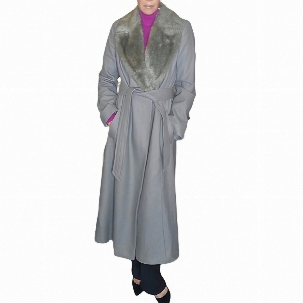 FRENCH CONNECTION Wool-Blend Belted Wrap Coat,Faux Fur Collar